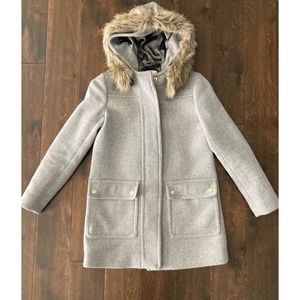J Crew Women’s Grey Vail Parka Faux Fur Trim Hood Wool Blend Size 00 Petite